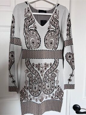 Calvin Tran Dress Women M Black Metallic Gold Cream L/S Shift Sweater NWT